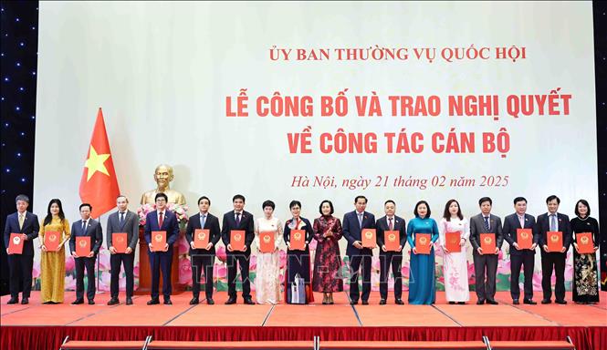 Phó Chủ tịch Quốc hội Nguyễn Thị Thanh trao Nghị quyết của Ủy ban Thường vụ Quốc hội cho các đồng chí giữ chức vụ Phó Chủ nhiệm Ủy ban Văn hóa và Xã hội cùng các đồng chí Ủy viên là đại biểu Quốc hội hoạt động chuyên trách tại Ủy ban Văn hóa và Xã hội. Ảnh: Minh Đức/TTXVN