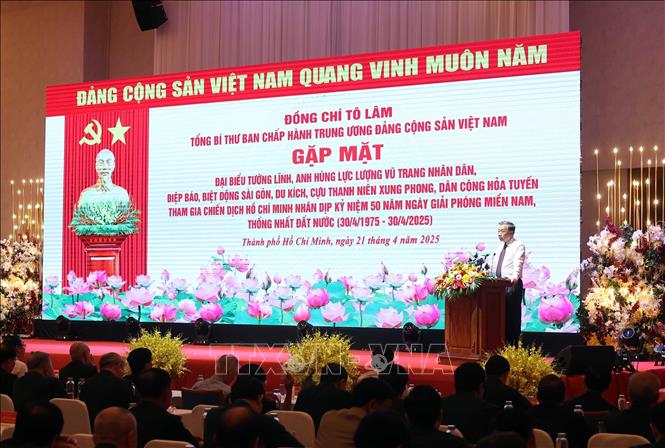 Tổng Bí thư Tô Lâm phát biểu tại buổi gặp mặt. Ảnh: Thống Nhất/TTXVN