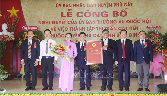 Đại diện Đảng bộ, UBND xã Cát Tiến nhận Nghị quyết của Ủy ban thường vụ Quốc hội về việc thành lập thị trấn Cát Tiến.