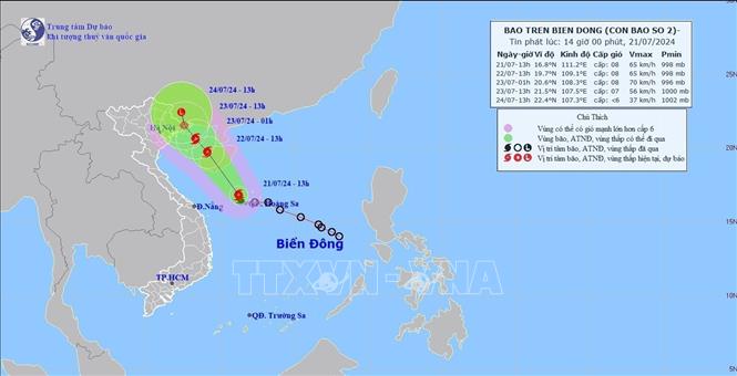 Hướng và đường đi của bão Prapiroon (chiều 21/7/2024). Ảnh: TTXVN phát