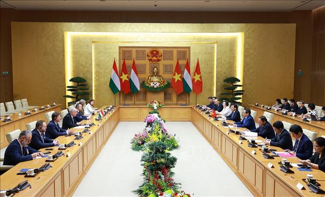 Thủ tướng Phạm Minh Chính hội kiến Tổng thống Hungary Sulyok Tamas. Ảnh: Dương Giang/TTXVN