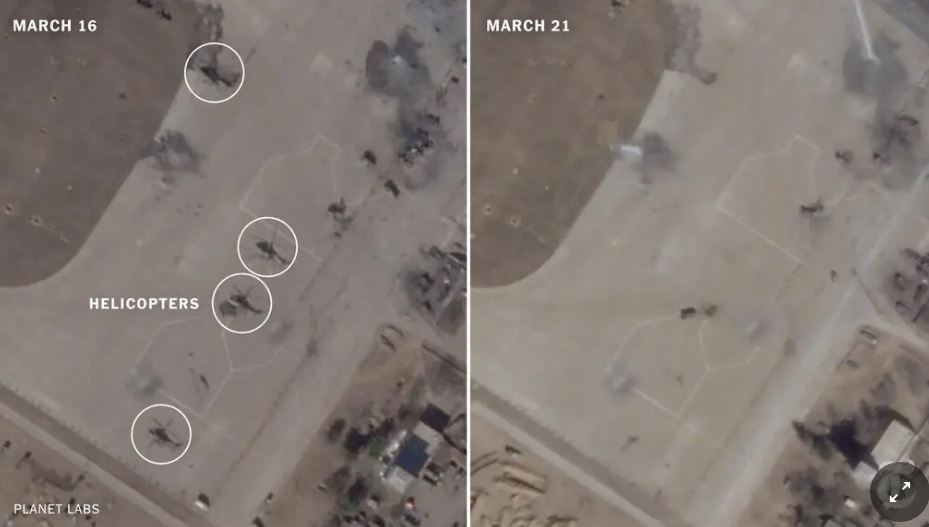 Satellite photos reveal that Russia withdrew most of its helicopters from a strategic base in Ukraine