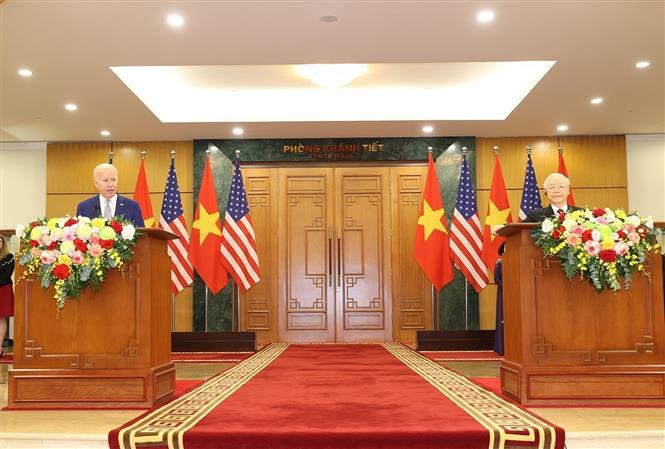 Tổng Bí thư Nguyễn Phú Trọng và Tổng thống Hoa Kỳ Joe Biden tại cuộc họp báo chung - Ảnh: Trí Dũng/TTXVN