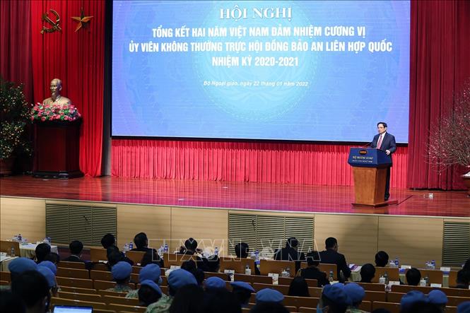 Thủ tướng Phạm Minh Chính phát biểu tại Hội nghị tổng kết hai năm Việt Nam đảm nhiệm cương vị Uỷ viên không thường trực HĐBA Liên hợp quốc. Ảnh: Dương Giang/TTXVN