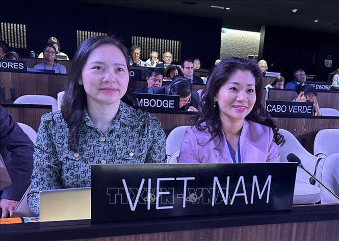 Đại sứ, Trưởng Phái đoàn thường trực Việt Nam bên cạnh UNESCO Nguyễn Thị Vân Anh (bên trái) và TS. Nguyễn Phương Hòa, Cục trưởng Cục Hợp tác quốc tế (Bộ Văn hóa, Thể thao và Du lịch) tham dự Kỳ họp Công ước 2005. Ảnh: TTXVN phát