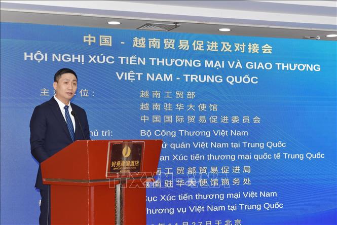 Ông Hoàng Minh Chiến, Phó Cục trưởng Cục Xúc tiến Thương mại, Bộ Công Thương Việt Nam phát biểu tại hội nghị. Ảnh: Tiến Trung/PVTTXVN tại Trung Quốc