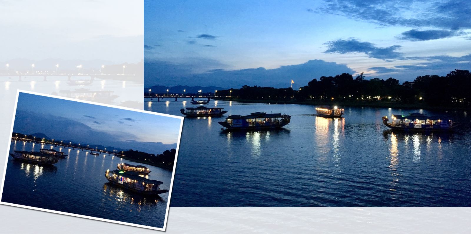 Sông Hương và cầu Tràng Tiền với những chiếc thuyền ca Huế lúc chiều tà.