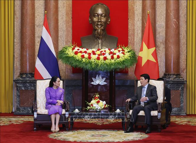 Chủ tịch nước Lương Cường tiếp Thủ tướng Thái Lan Paetongtarn Shinawatra. Ảnh: Lâm Khánh/TTXVN