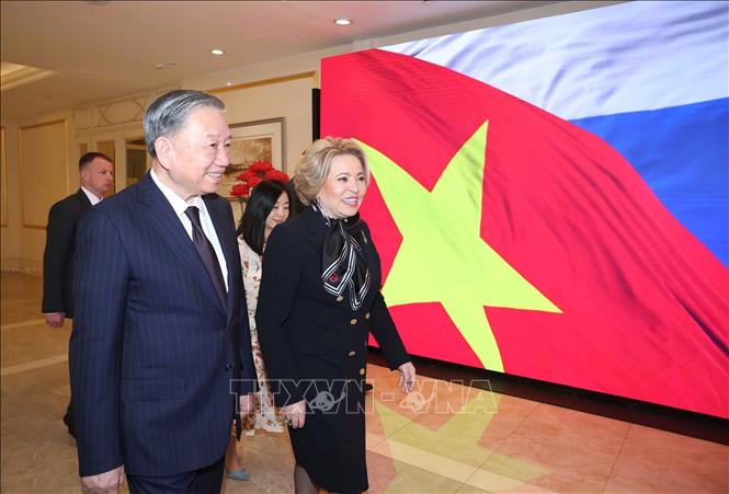 Tổng Bí thư Tô Lâm và Chủ tịch Hội đồng Liên bang, Quốc hội LB Nga Valentina Matviyenko. Ảnh: Thống Nhất/TTXVN