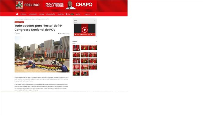 Bản tin của Đảng Mặt trận Giải phóng Mozambique (Frelimo) đưa tin về không khí chuẩn bị Đại hội đại biểu toàn quốc lần thứ XIV của Đảng Cộng sản Việt Nam. Ảnh chụp màn hình: Hồng Minh/ PV TTXVN tại châu Phi