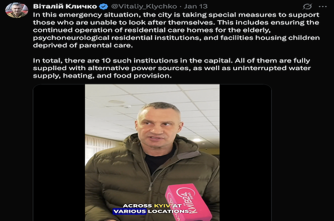 Trong bài đăng trên nền tảng mạng xã hội X ngày 13/1/2026,&nbsp;Thị trưởng Kiev Vitaly Klitschko cho biết thủ đô của Ukraine đang trong tình trạng khẩn cấp, đang áp dụng các biện pháp đặc biệt để hỗ trợ những người không có khả năng tự chăm sóc bản thân. Ảnh chụp màn hình