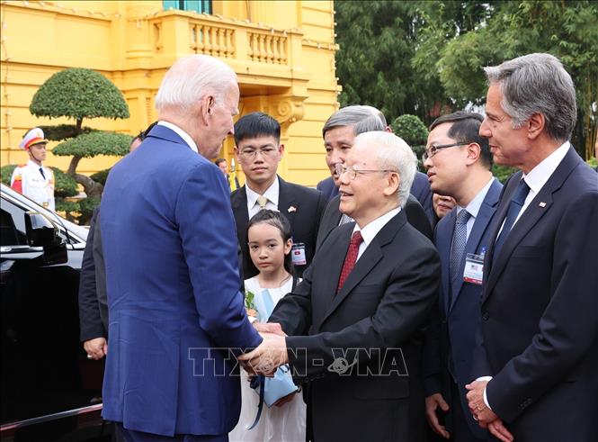 Tổng bí thư Nguyễn Phú Trọng đón Tổng thống Hoa Kỳ Joe Biden - Ảnh: Trí Dũng/TTXVN