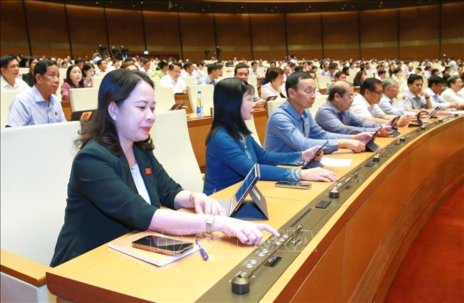 Đoàn đại biểu Quốc hội tỉnh An Giang biểu quyết thông qua Nghị quyết về Kế hoạch phát triển kinh tế - xã hội năm 2024. Ảnh: Phương Hoa/TTXVN