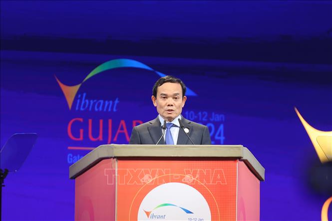 Phó Thủ tướng Chính phủ Trần Lưu Quang phát biểu tại "Hội nghị Thượng đỉnh toàn cầu Gujarat đầy sức sống lần thứ 10” được tổ chức tại bang Gujarat, miền Tây Ấn Độ. Ảnh: Ngọc Thúy/PV TTXVN tại Ấn Độ.